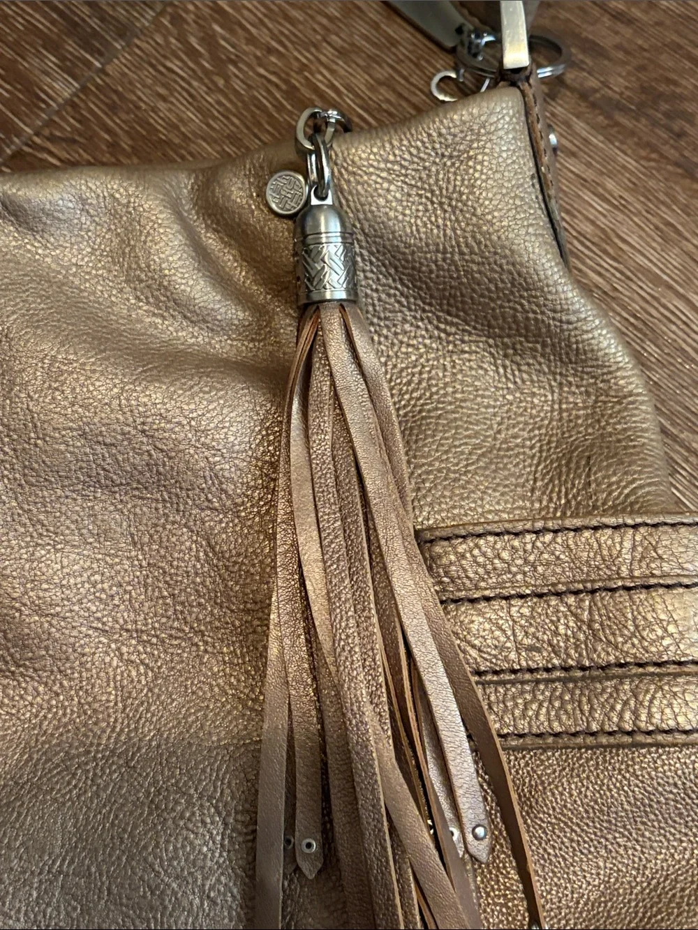 Cole Haan Metallic Bronze Pebble Leather Hobo Shoulder Bag Tassel VGUC